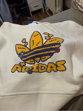 adidas White Hoodie with Yellow & Blue Floral Trefoil Accent
